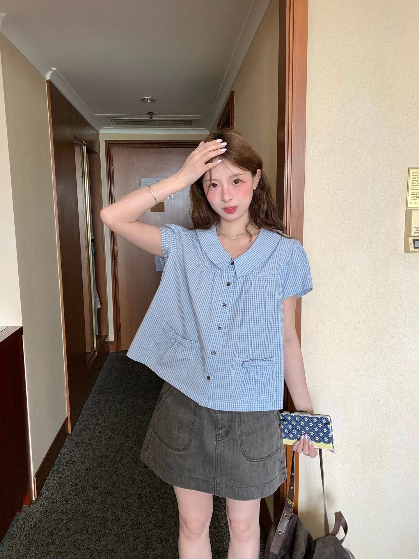 whystudio 한 부서 레트로 피터 팬 칼라 나비 매듭 체크무늬 작은 대중 긍정적 인 어깨 반팔 짧은 셔츠 작은 셔츠 이미지 2