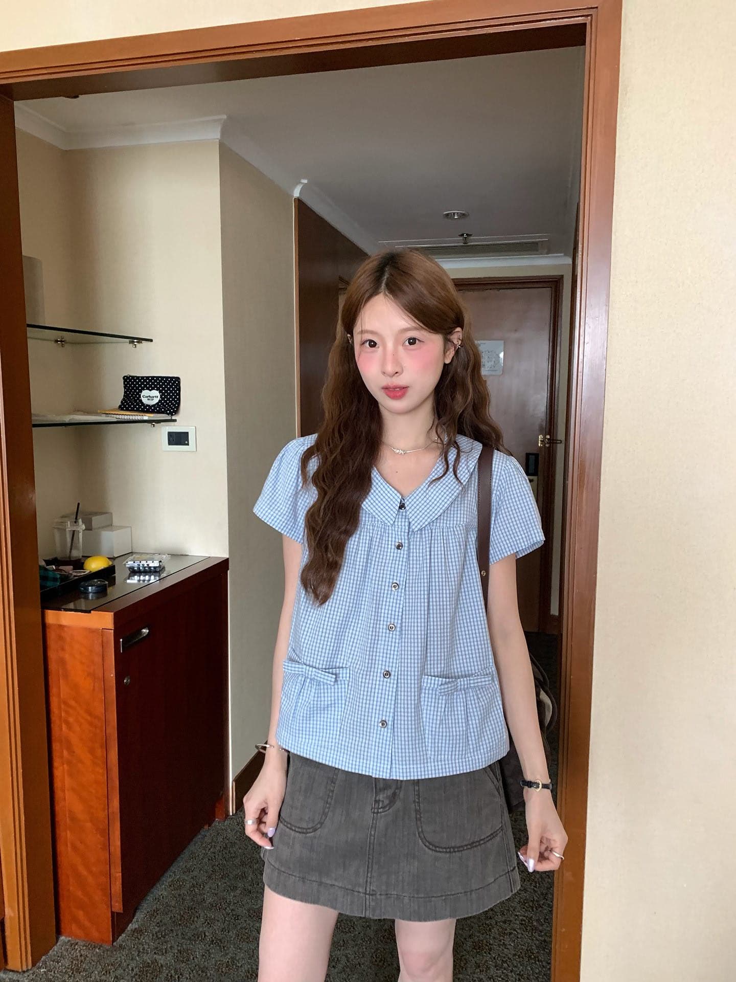 whystudio 한 부서 레트로 피터 팬 칼라 나비 매듭 체크무늬 작은 대중 긍정적 인 어깨 반팔 짧은 셔츠 작은 셔츠 상세 이미지 4