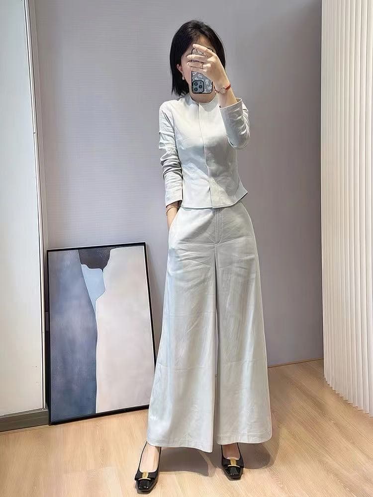 자이언트 잘 생긴 ~ 중 이른 가을 전체 집합 관대 한 점잖은 품격 고급 작은 샤넬 스타일 꼬집기 허리 밝은 회색 색상 셔츠 세트 바지 이미지 3