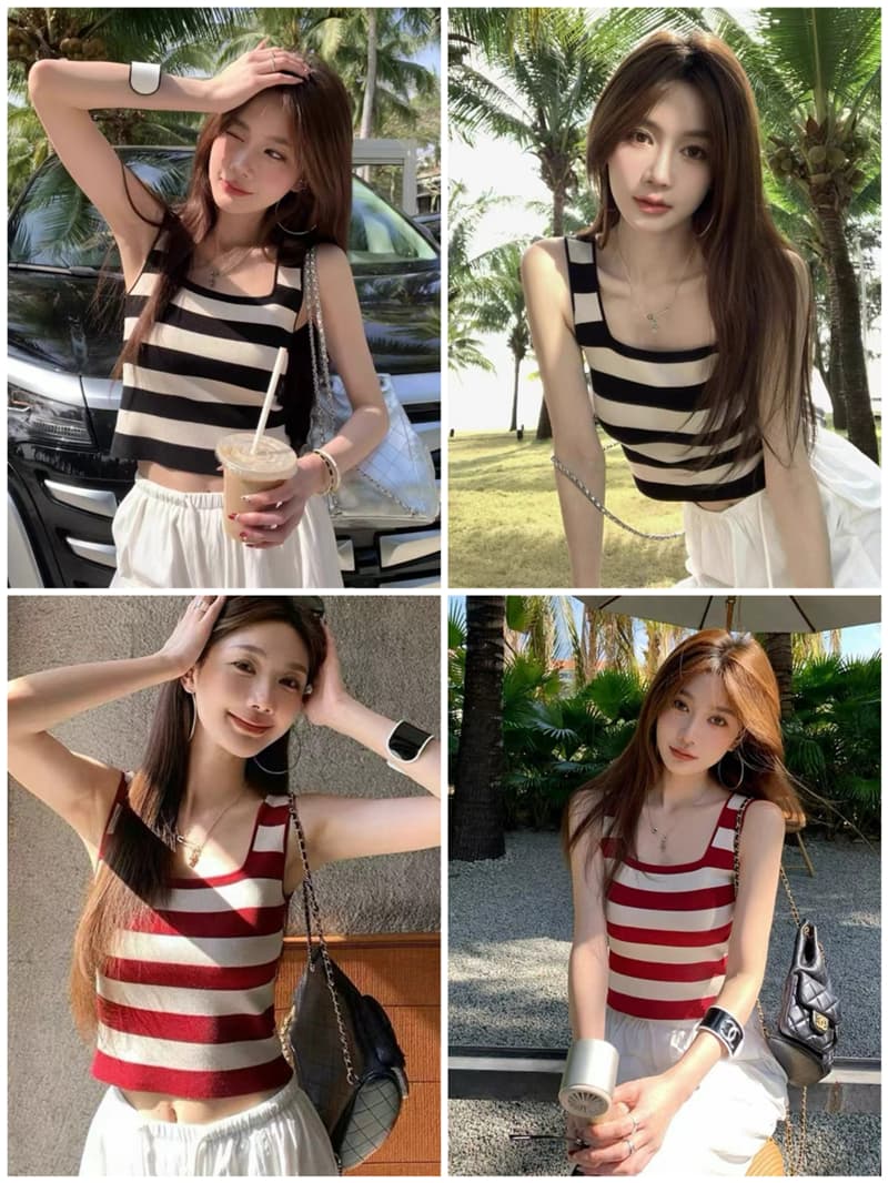 여름 새로운 한국 스타일 달콤한 미국 칼라 배색 스트라이프 민소매 몸매 가꾸기 슬림해 보이는 쇼트 스타일 조끼 맨위 상세 이미지 2