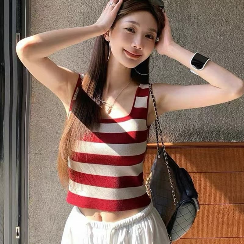 여름 새로운 한국 스타일 달콤한 미국 칼라 배색 스트라이프 민소매 몸매 가꾸기 슬림해 보이는 쇼트 스타일 조끼 맨위 상세 이미지 4
