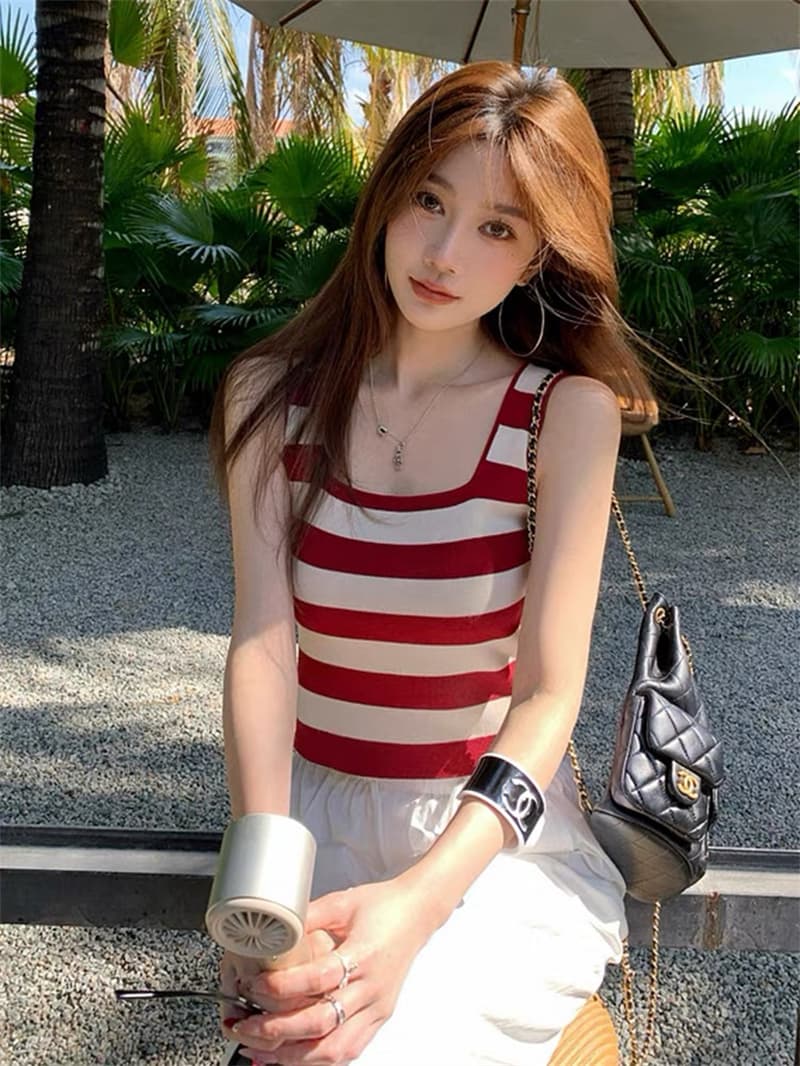 여름 새로운 한국 스타일 달콤한 미국 칼라 배색 스트라이프 민소매 몸매 가꾸기 슬림해 보이는 쇼트 스타일 조끼 맨위 상세 이미지 12