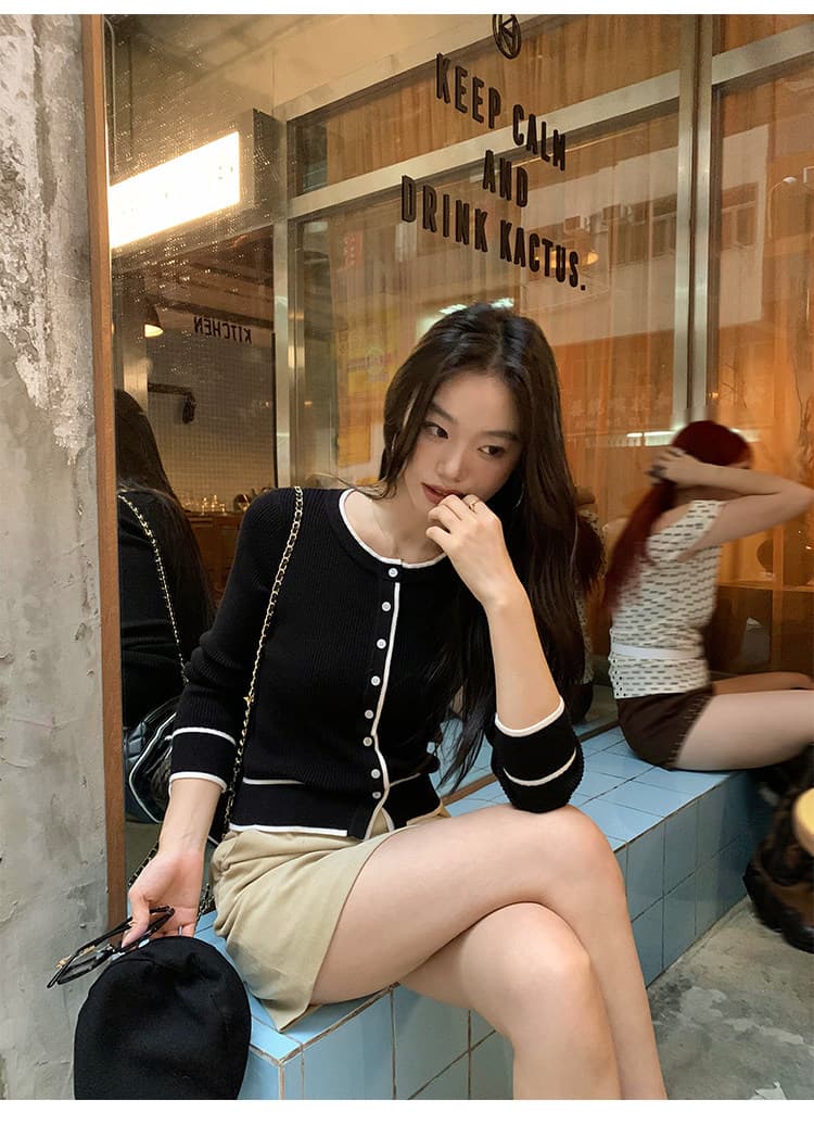 우 77 배색 라운드 넥 오래된 돈 바람 니트 오픈 가디건 여성 품격 몸매 가꾸기 슬림해 보이는 인사이드 가져 가라. 패션 긴팔 모직물 맨위 이미지 3