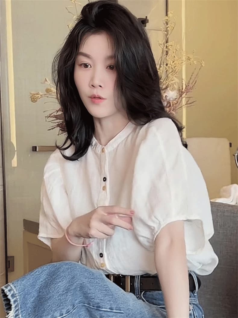미니멀리즘 스탠드 칼라 색상 단추 거품 소매 작은 셔츠 여성 여름 새로운 패션 루즈핏 다용도 연령 감소 반팔 셔츠 상세 이미지 6