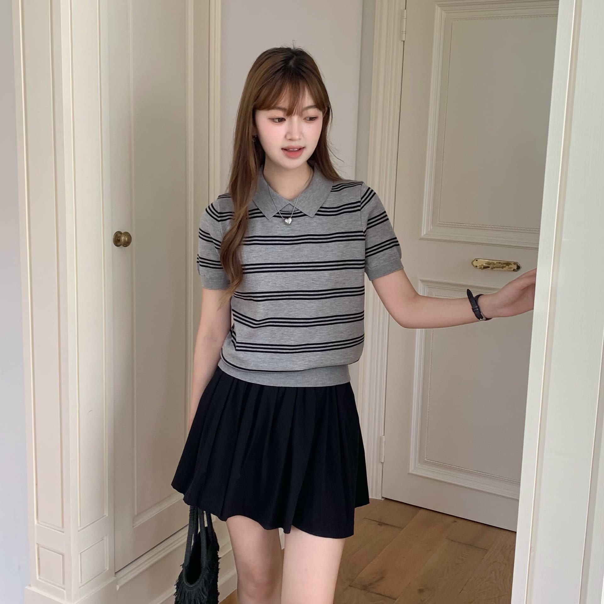 안녕하세요. 팬 팬 주간 실크 라이 경기 서울 스트라이프 니트 반팔 티셔츠 높음 지혜 연령 감소 센스 POLO 칼라 맨위 여성 봄 상세 이미지 10