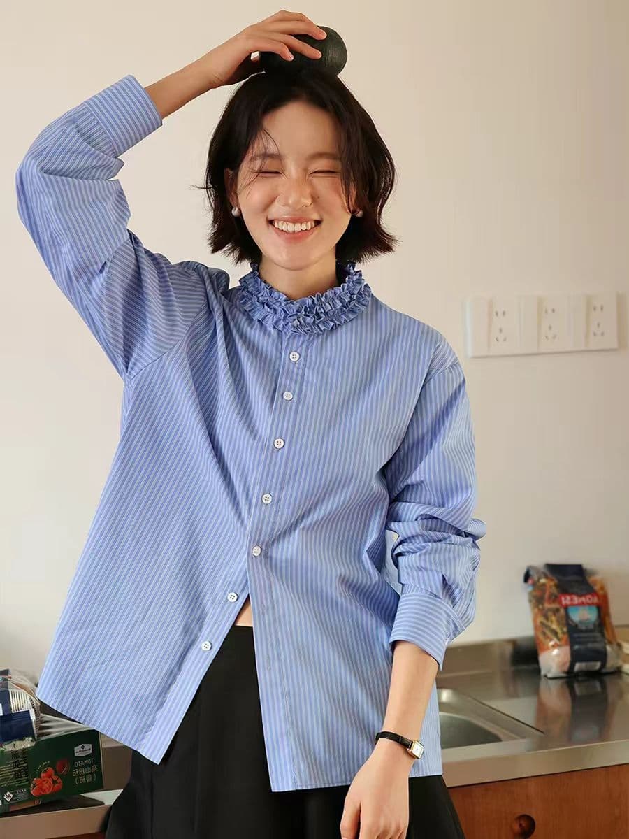 2026ss 프랑스식 레트로 디자인 센스 품격 맨위 봄 몸매 가꾸기 슬림해 보이는 파란색 스트라이프 여성 셔츠 이미지 3