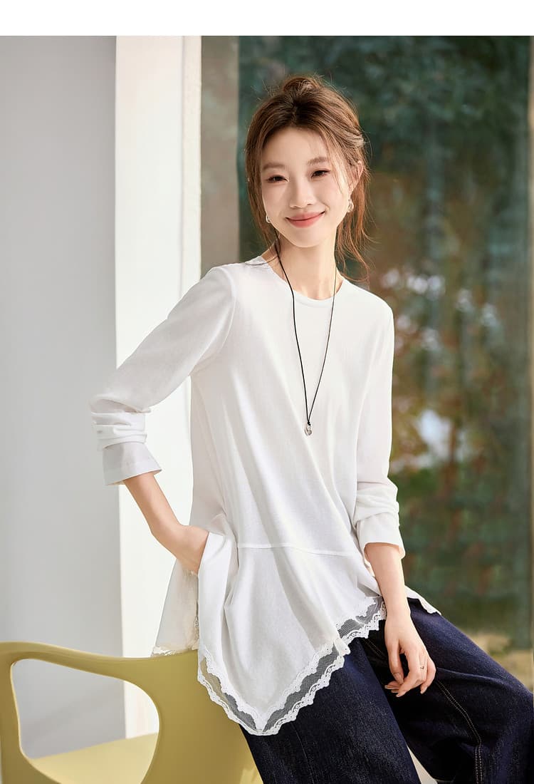 산소 레이스 블라우스 티셔츠 26 봄 라운드 넥 불규칙 밑단 스택 착용 랩스커트팬츠 티셔츠 상세 이미지 15