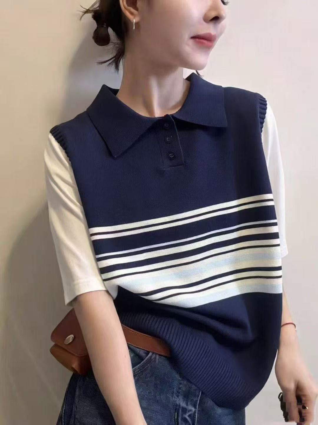한 부서 POLO 칼라 페이크 레이어드 스트라이프 니트 조끼 2026 봄 여름 새로운 다용도 외출용 맨위 이미지 2