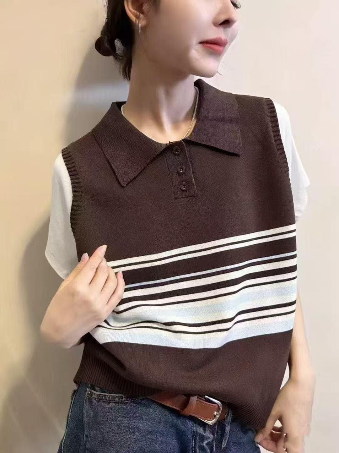 한 부서 POLO 칼라 페이크 레이어드 스트라이프 니트 조끼 2026 봄 여름 새로운 다용도 외출용 맨위 상세 이미지 3