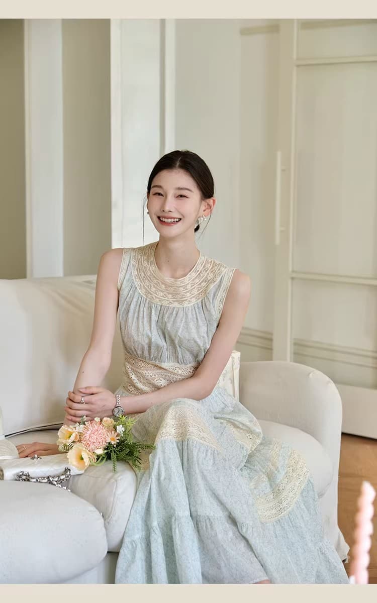 그리고 수 있습니다. chillcozy 꿈 리플 남쪽 법 휴일 레이스 조각 주간 실크 라미 허리 수축 민소매 드레스 봄 여름 상세 이미지 45