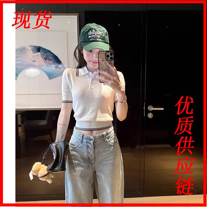 닝 부문 POLO 칼라 배색 니트 반팔 티셔츠 여성 여름 한 부서 디자인 센스 다용도 긍정적 인 어깨 쇼트 스타일 맨위