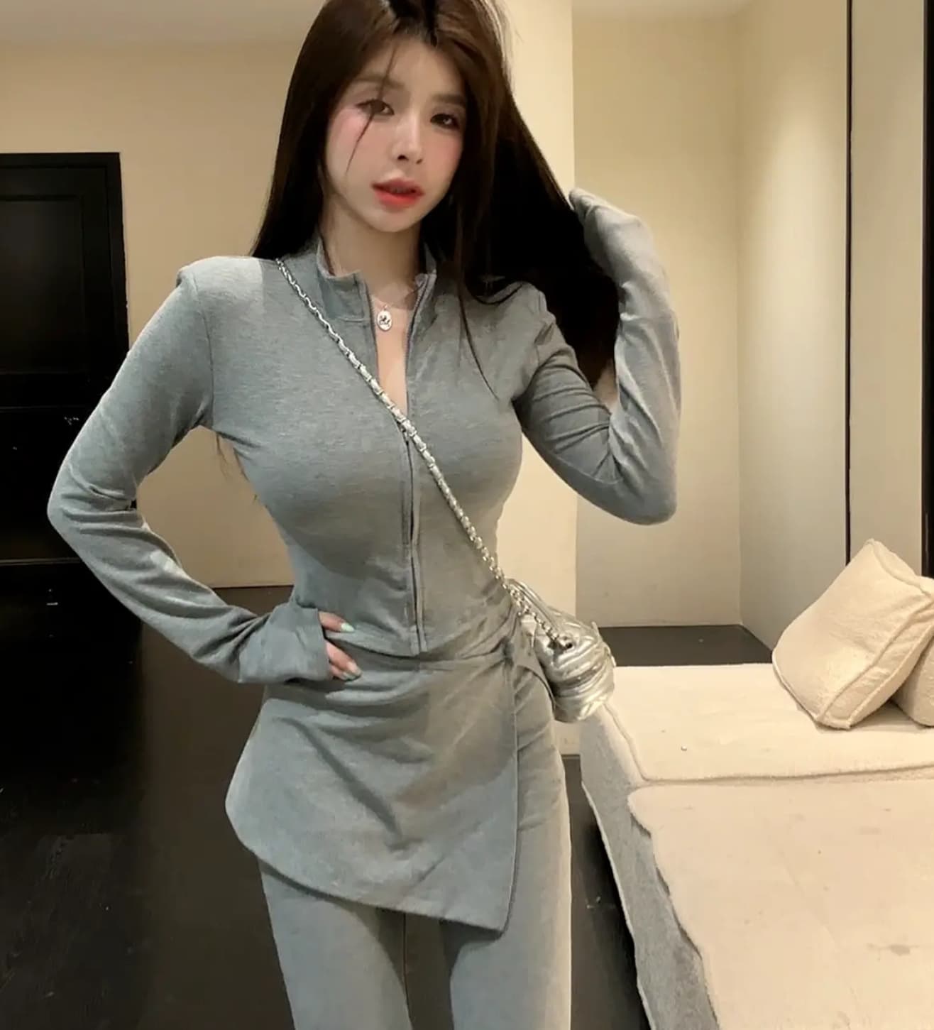 huihui 한 부서 캐주얼 바람 랩스커트팬츠 맨위 코디 부츠컷 바지 패션 세트 벨트 어깨 패드 l0508 상세 이미지 6