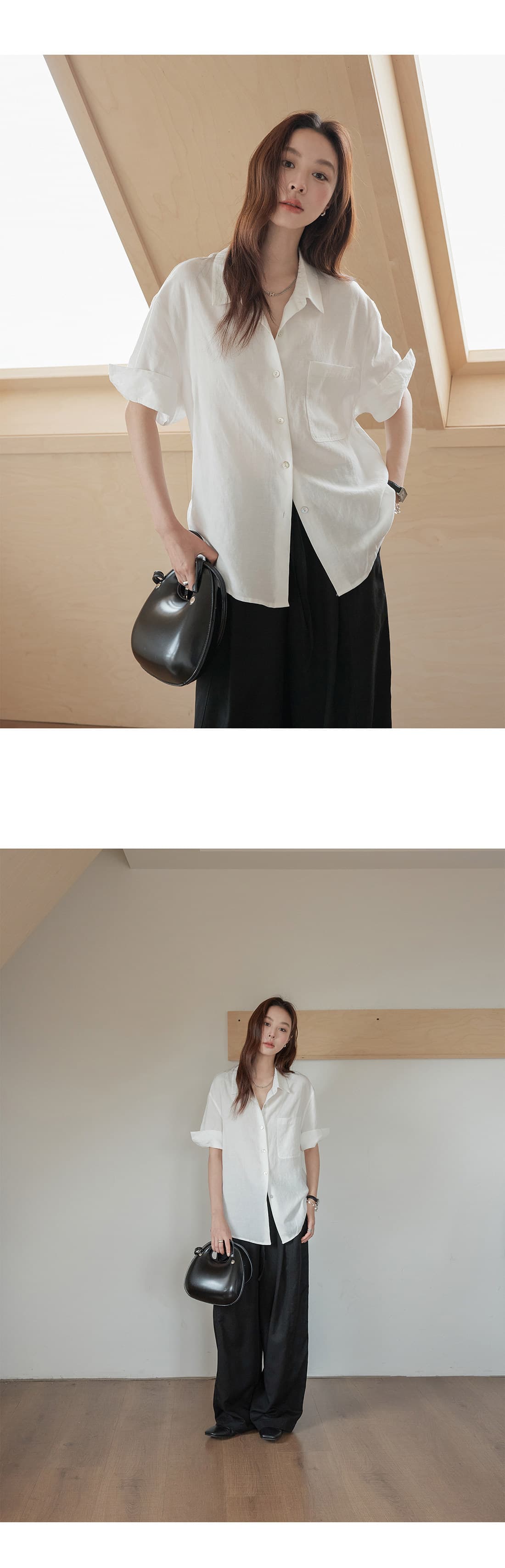 아마 뒤집다 접기 커프스 반팔 여성 셔츠 2026 여름 새로운 루즈핏 캐주얼 출퇴근 단색 셔츠 상세 이미지 10