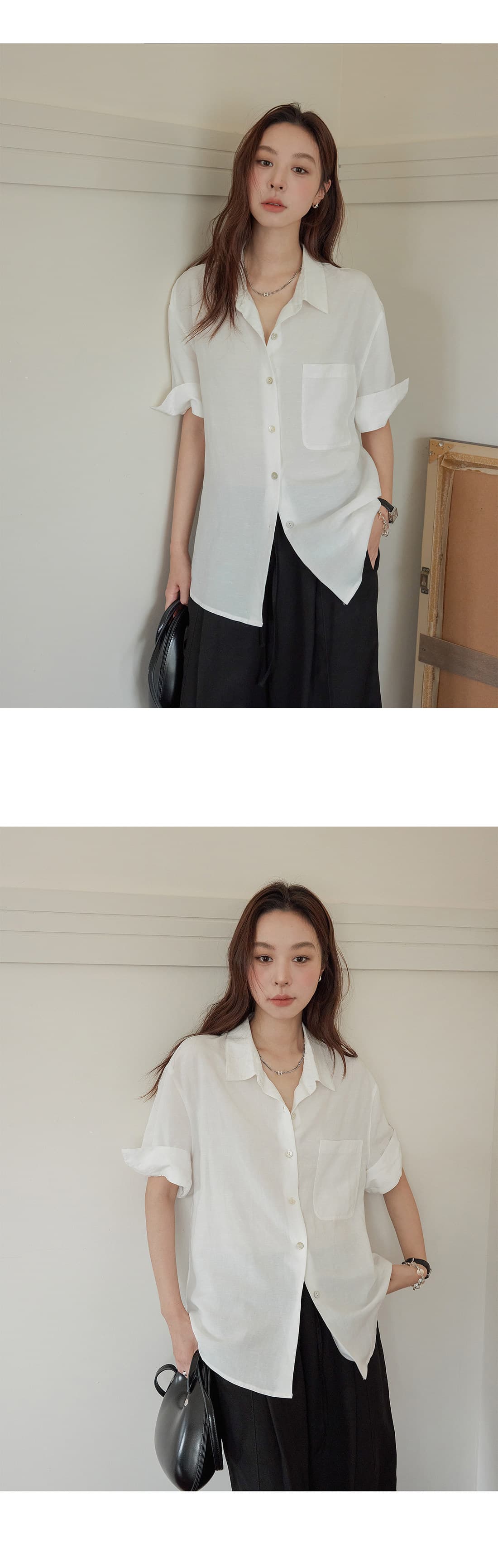 아마 뒤집다 접기 커프스 반팔 여성 셔츠 2026 여름 새로운 루즈핏 캐주얼 출퇴근 단색 셔츠 상세 이미지 11