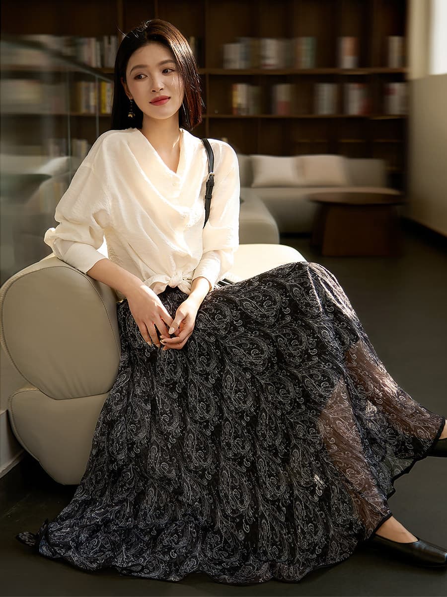 바 플러그 빛과 그림자 방랑 우산 치마 휴가 바람 레트로 프린트 플리츠 큰 진자 반신 스커트 26 봄 새로운 이미지 4