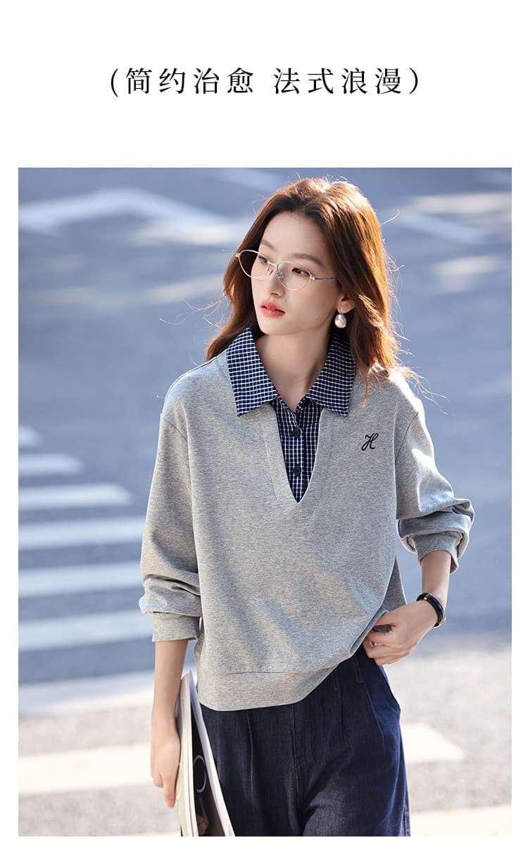 캐주얼 출퇴근 느슨함 센스 패치워크 체크무늬 칼라 후드티 26 년 봄 새로운 품격 다용도 폴로 칼라 맨위 여성 상세 이미지 3