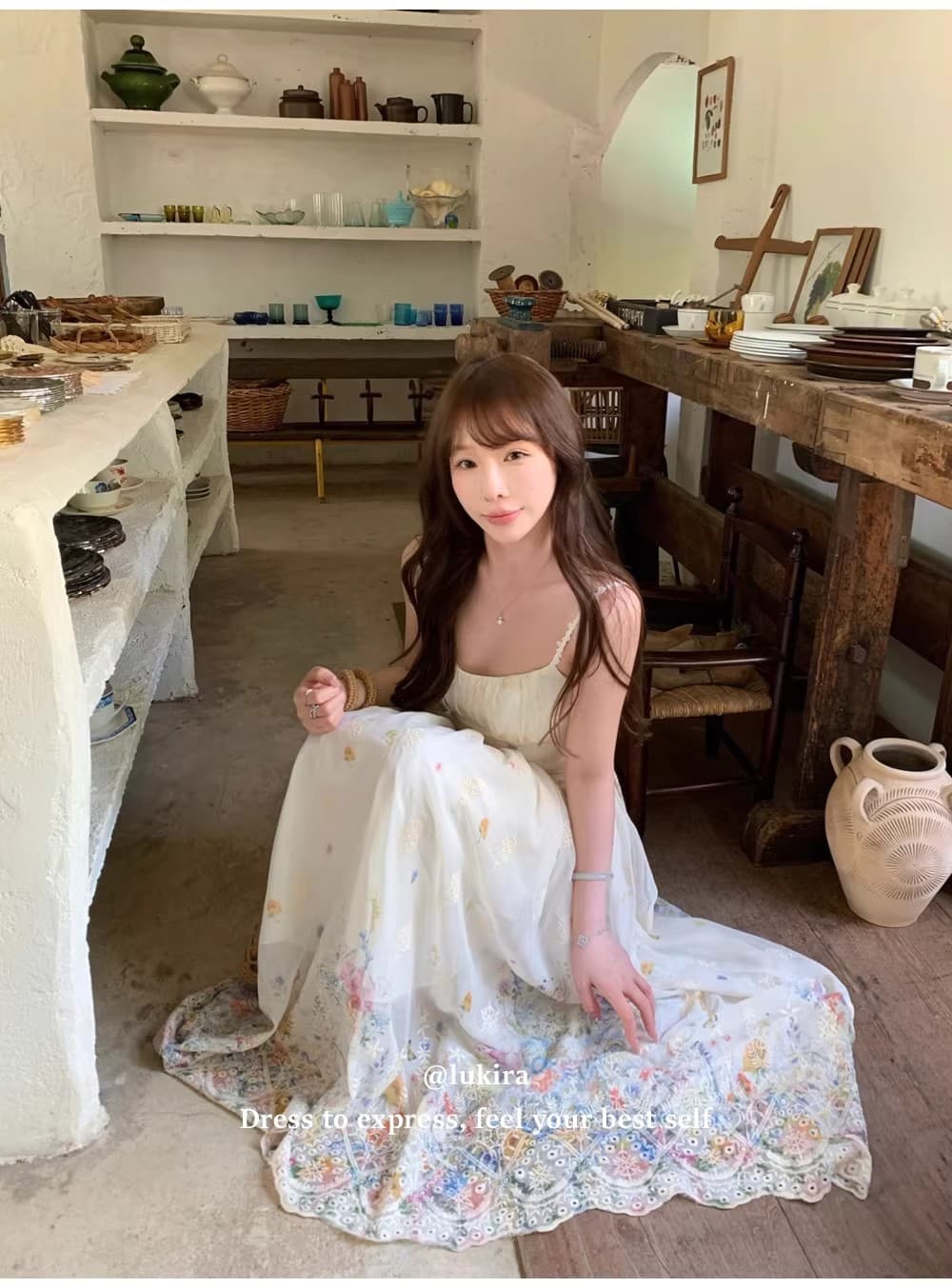 lukira 비밀 거울 정원 해변가 휴가 바람 슬립 여성 드레스 봄 여름 무거운 작업 자수 한 마디 롱 스커트 상세 이미지 5