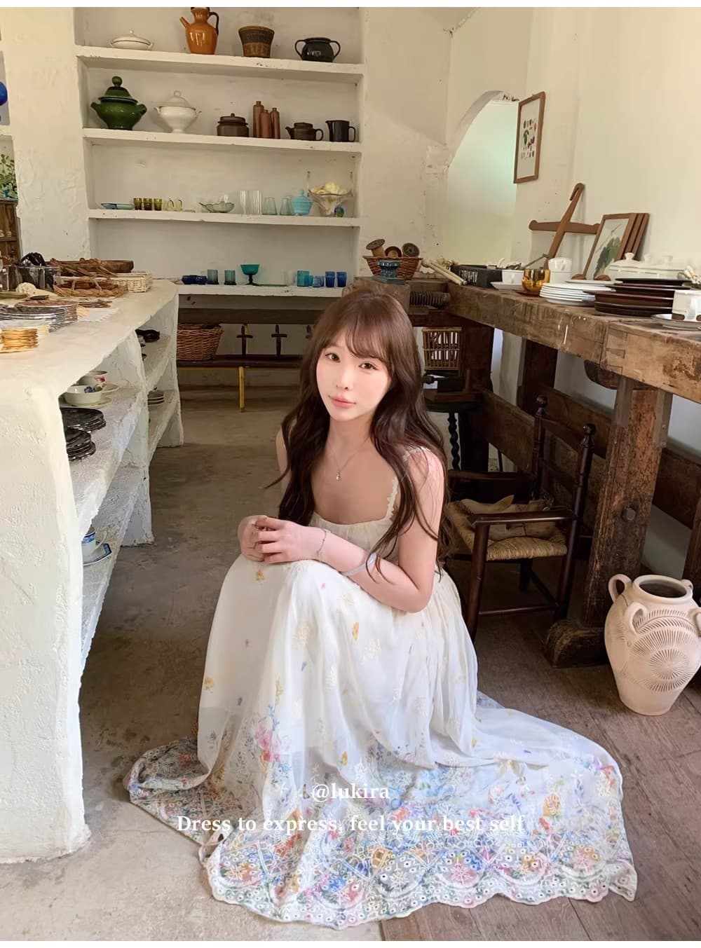 lukira 비밀 거울 정원 해변가 휴가 바람 슬립 여성 드레스 봄 여름 무거운 작업 자수 한 마디 롱 스커트 상세 이미지 9