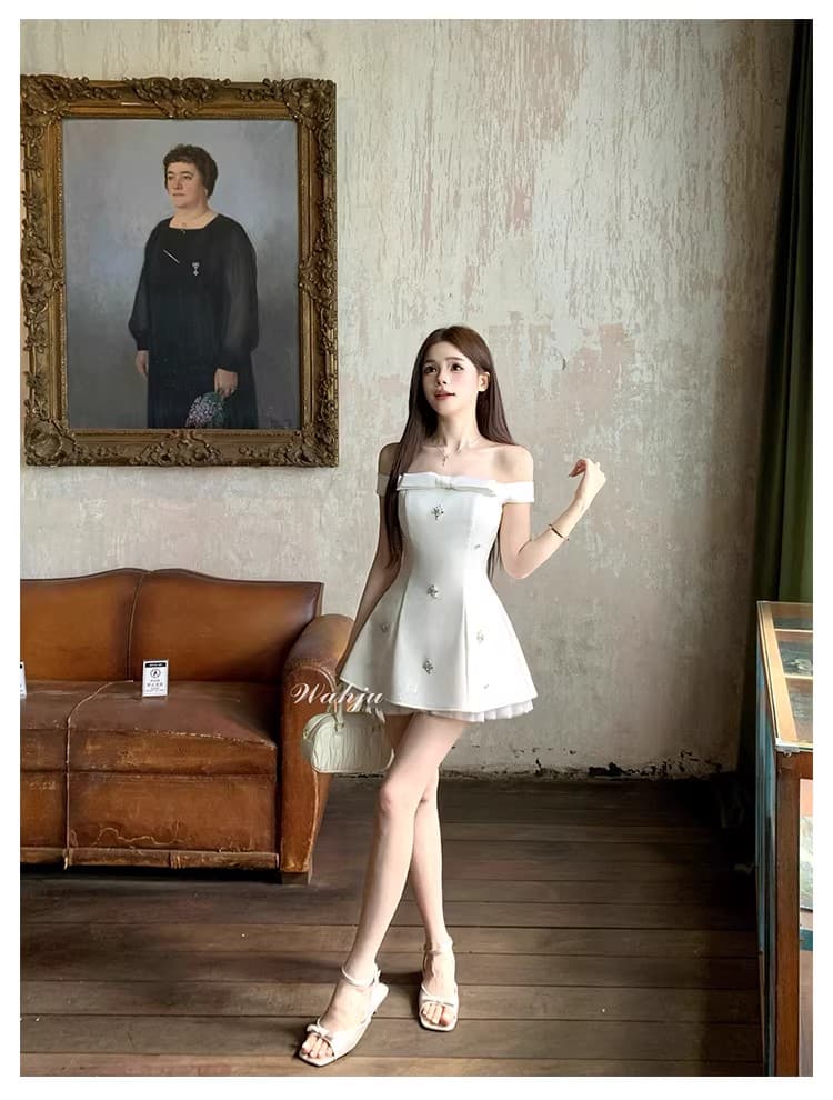 회화 솔루션 wahju 별 비밀 오프숄더 나비 매듭 꽃 꾸밈음 디자인 허리 수축 슬림해 보이는 드레스 봄 상세 이미지 7