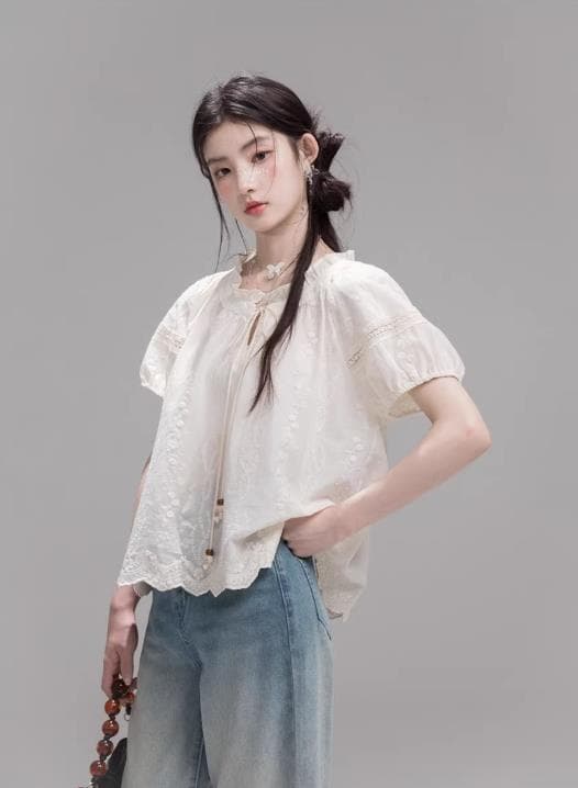 안개 살구 동백 나무 하프 ~을 통해 면 센스 홀로우 아웃 펌프 로프 자수 레이스 버블 반팔 맨위