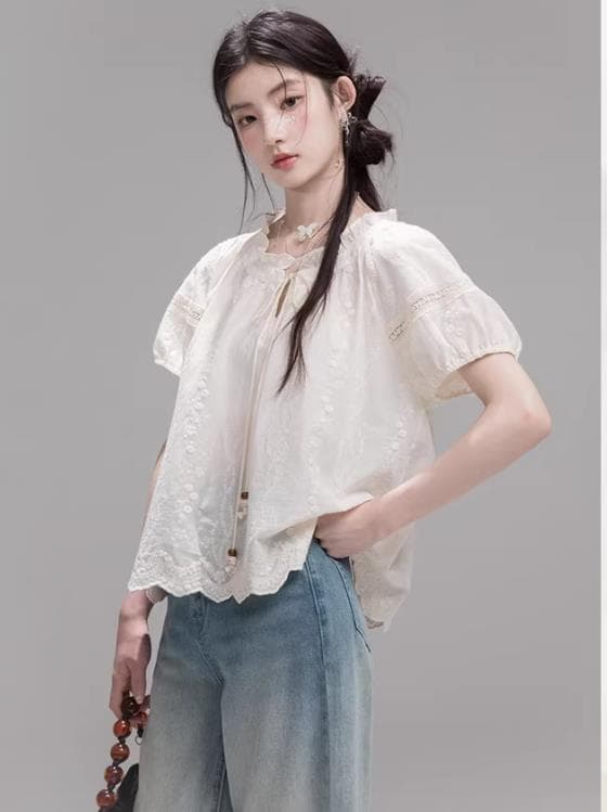 안개 살구 동백 나무 하프 ~을 통해 면 센스 홀로우 아웃 펌프 로프 자수 레이스 버블 반팔 맨위 상세 이미지 3