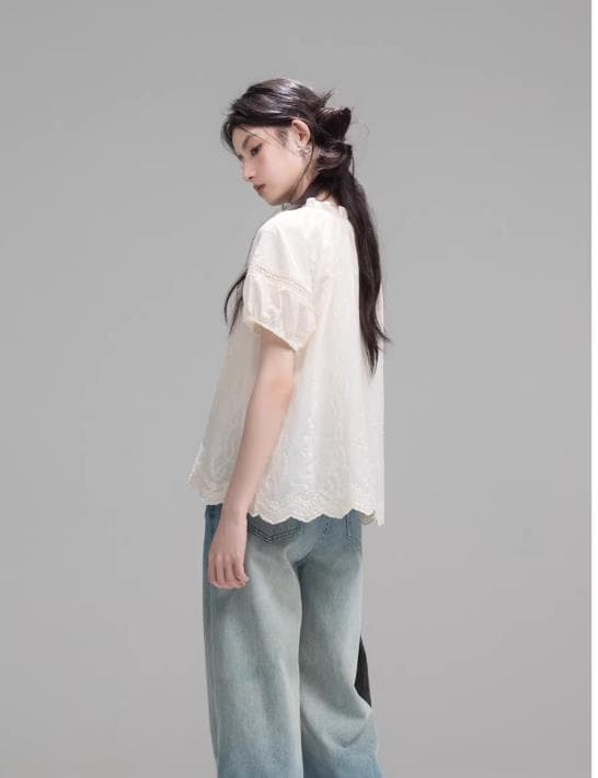 안개 살구 동백 나무 하프 ~을 통해 면 센스 홀로우 아웃 펌프 로프 자수 레이스 버블 반팔 맨위 상세 이미지 9