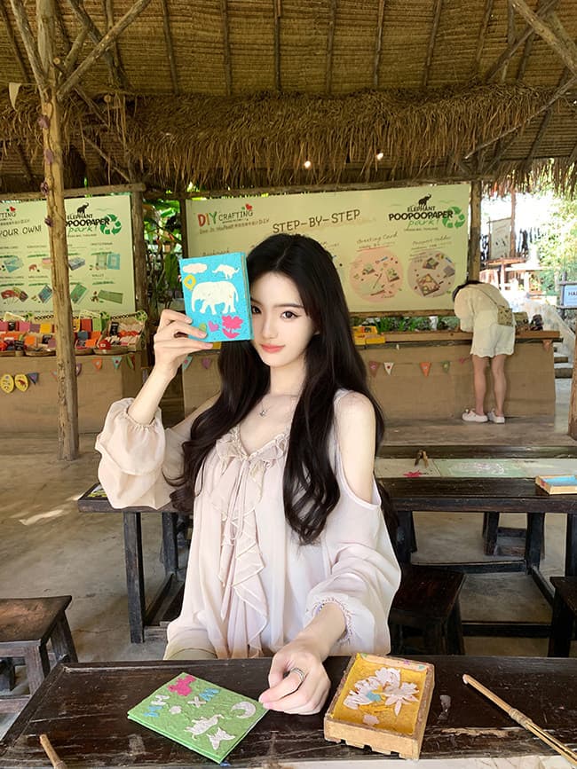 famouswang 봄 새로운 따뜻한 비취 프릴 쉬폰 부드러운 바람 오프숄더 긴팔 쉬폰 블라우스 맨위 이미지 4