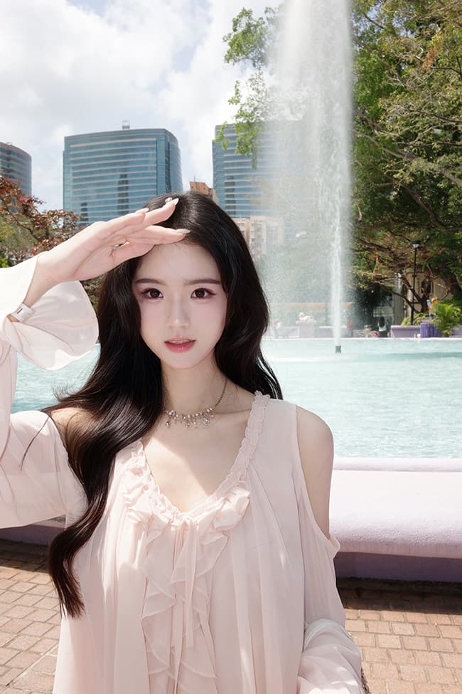 famouswang 봄 새로운 따뜻한 비취 프릴 쉬폰 부드러운 바람 오프숄더 긴팔 쉬폰 블라우스 맨위 상세 이미지 17