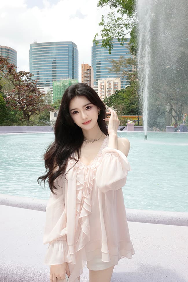 famouswang 봄 새로운 따뜻한 비취 프릴 쉬폰 부드러운 바람 오프숄더 긴팔 쉬폰 블라우스 맨위 상세 이미지 26