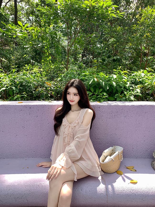 famouswang 봄 새로운 따뜻한 비취 프릴 쉬폰 부드러운 바람 오프숄더 긴팔 쉬폰 블라우스 맨위 상세 이미지 31