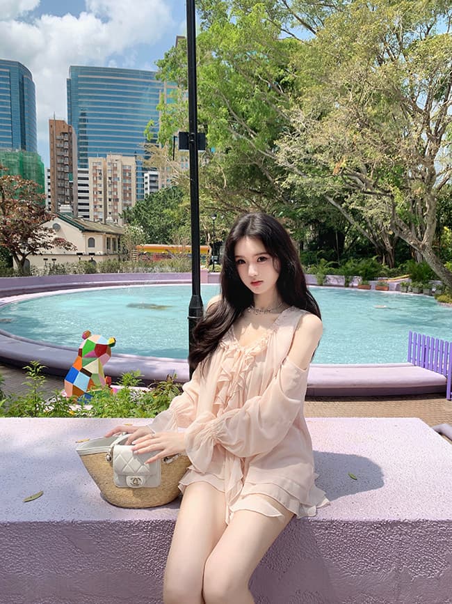 famouswang 봄 새로운 따뜻한 비취 프릴 쉬폰 부드러운 바람 오프숄더 긴팔 쉬폰 블라우스 맨위 상세 이미지 36