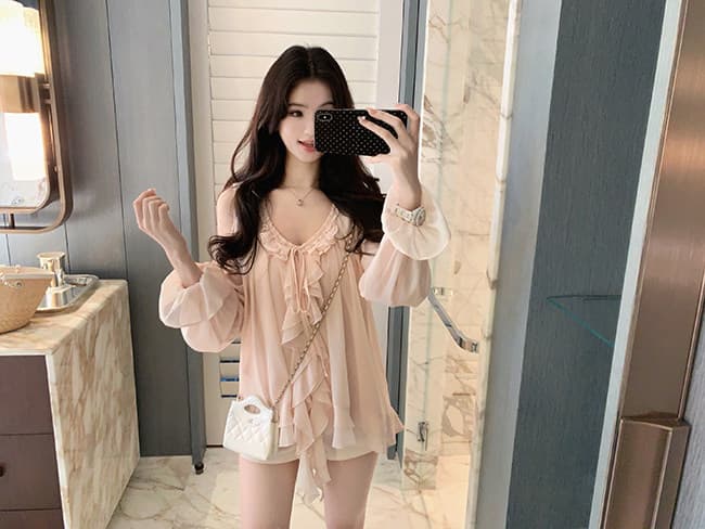 famouswang 봄 새로운 따뜻한 비취 프릴 쉬폰 부드러운 바람 오프숄더 긴팔 쉬폰 블라우스 맨위 상세 이미지 41