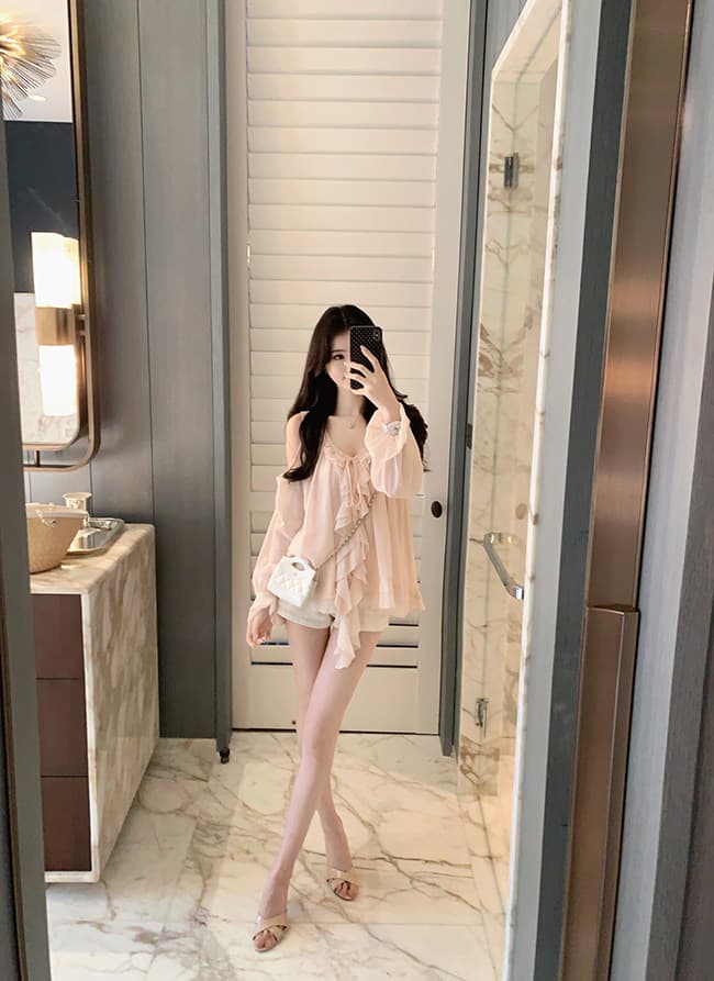 famouswang 봄 새로운 따뜻한 비취 프릴 쉬폰 부드러운 바람 오프숄더 긴팔 쉬폰 블라우스 맨위 상세 이미지 43