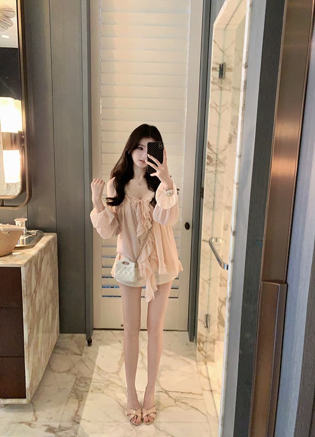 famouswang 봄 새로운 따뜻한 비취 프릴 쉬폰 부드러운 바람 오프숄더 긴팔 쉬폰 블라우스 맨위 상세 이미지 45