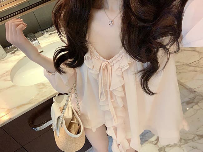 famouswang 봄 새로운 따뜻한 비취 프릴 쉬폰 부드러운 바람 오프숄더 긴팔 쉬폰 블라우스 맨위 상세 이미지 49