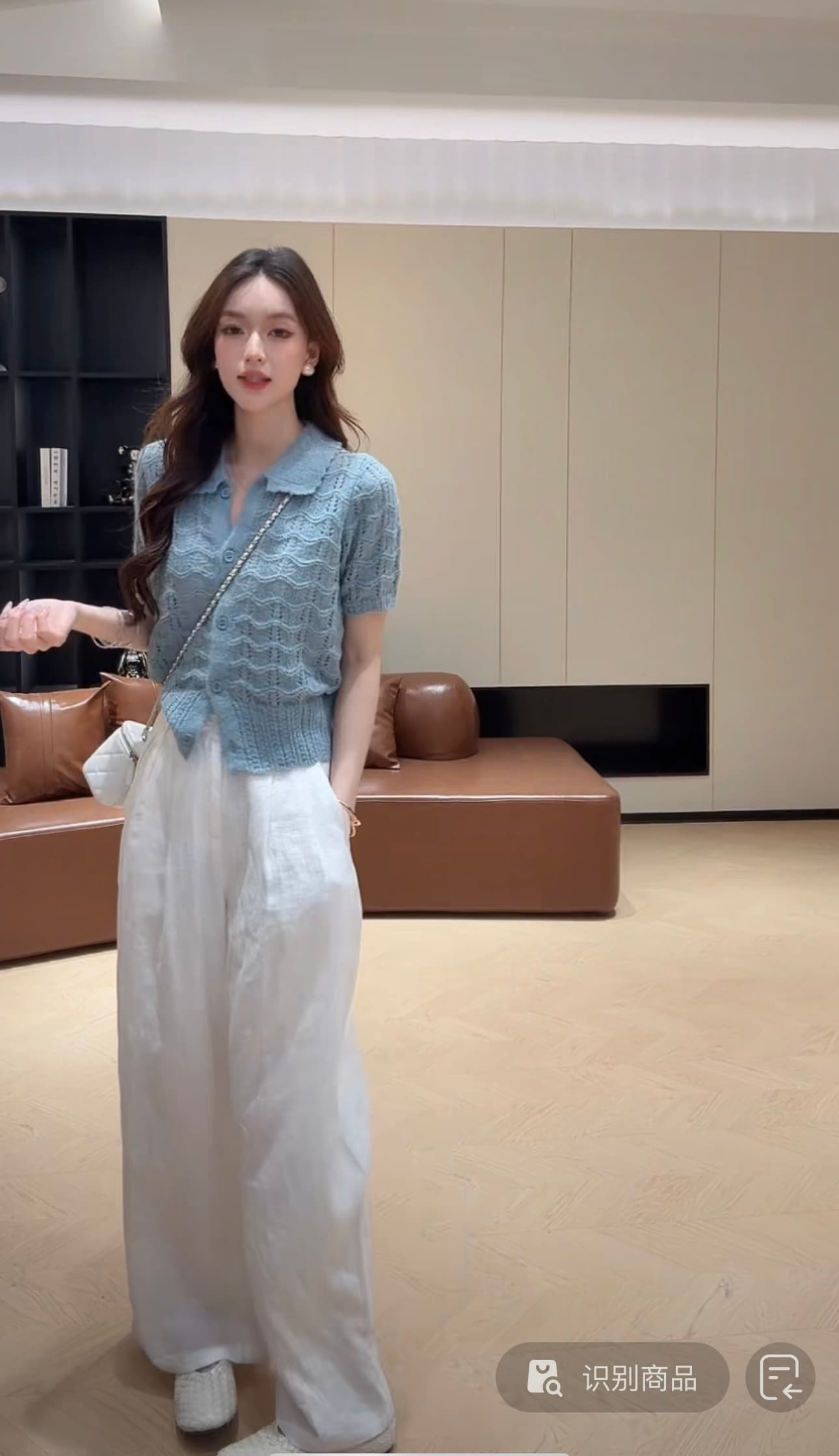 콩 추천 1563 봄 여름 홀로우 아웃 POLO 칼라 싱글 줄 버튼 통기성 작은 샤넬 스타일 맨위 한 바지 상세 이미지 2