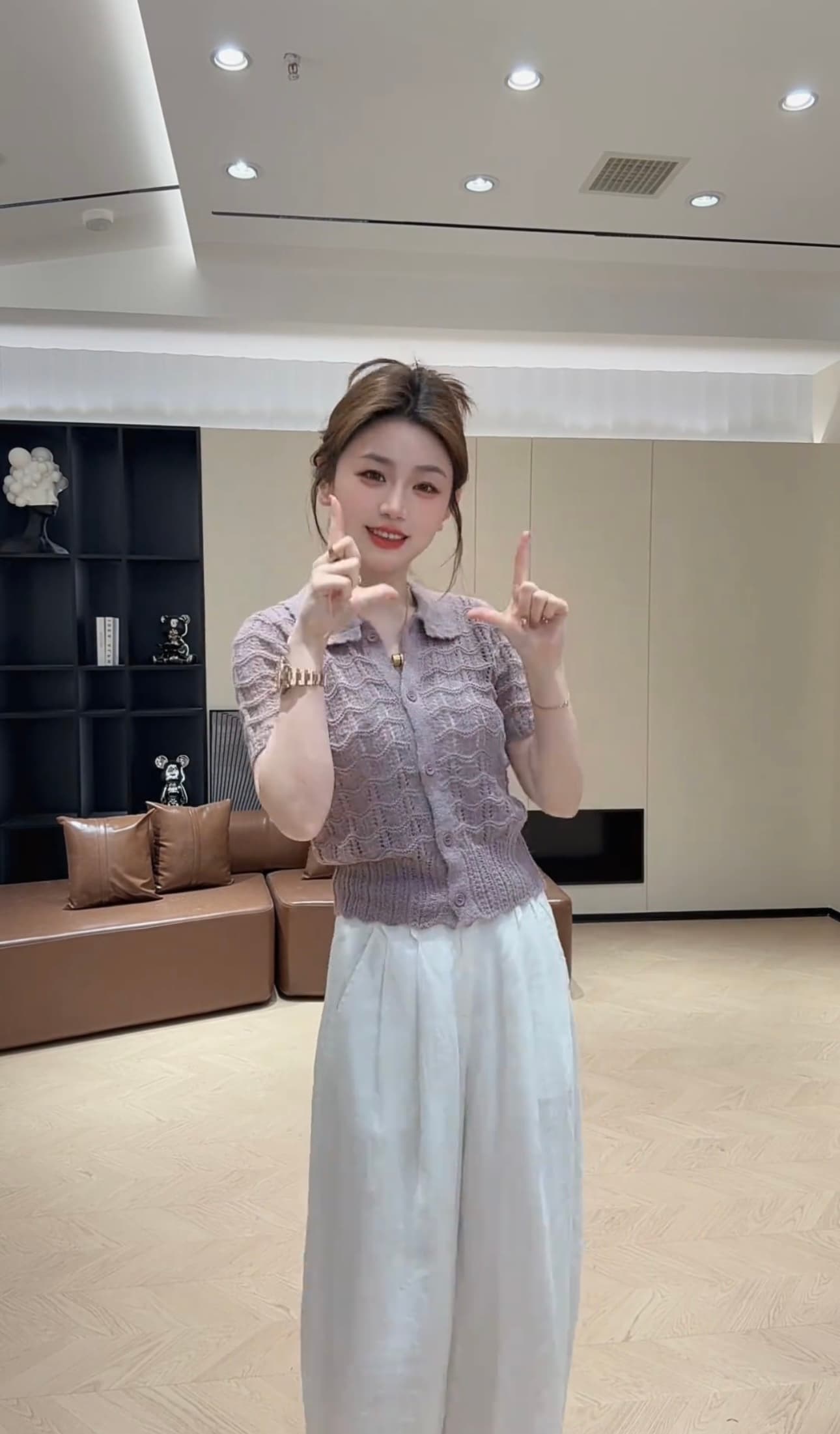 콩 추천 1563 봄 여름 홀로우 아웃 POLO 칼라 싱글 줄 버튼 통기성 작은 샤넬 스타일 맨위 한 바지 상세 이미지 4