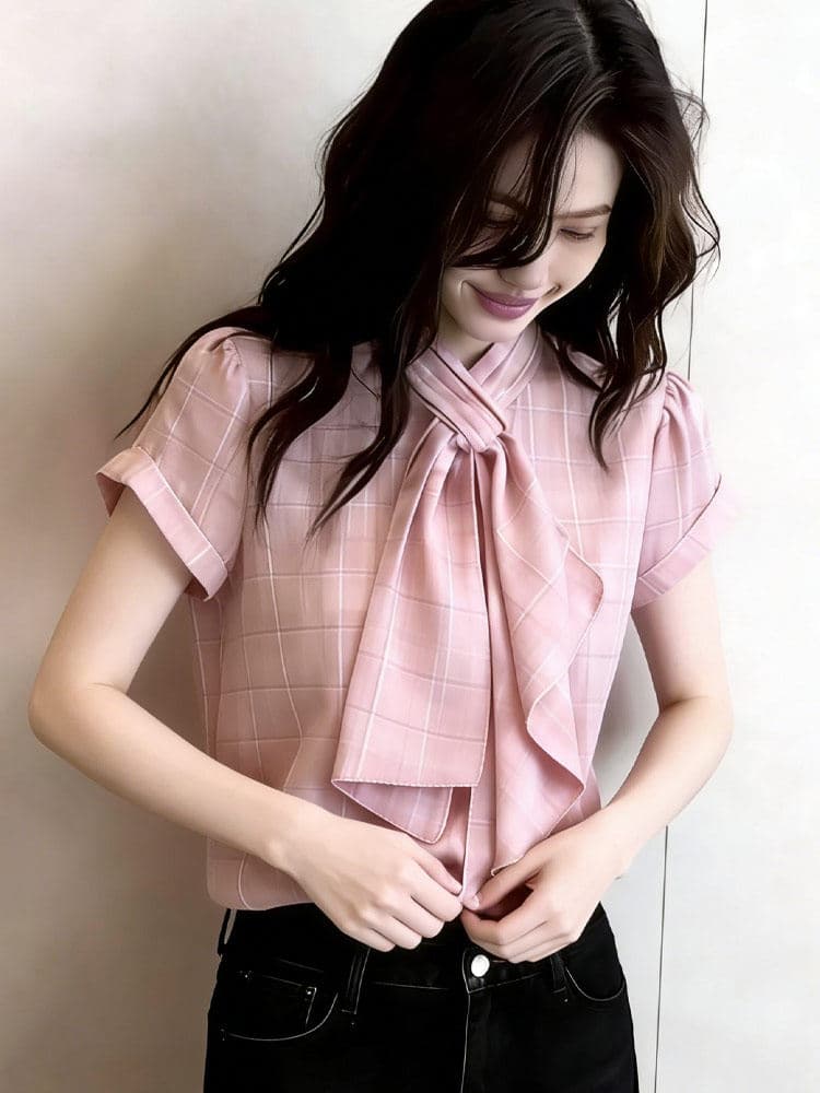 유럽 상품 고급 맞춤 핑크색 체크무늬 빅 사이즈 맨위 여성 2026 여름 새로운 원 웨이 연령 감소 빛 럭셔리 바람 셔츠 이미지 2