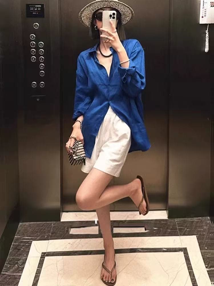 고급 센스 아마 자외선 차단 긴팔 셔츠 느슨함 센스 외부 가져 가라. 카디건 코트 얇은 스타일 루즈핏 면 린넨 파란색 셔츠 이미지 3