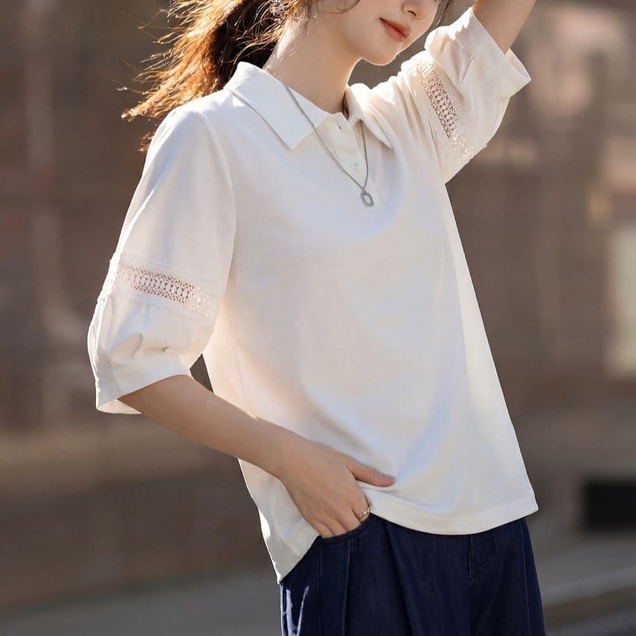 2026 여름 새로운 품격 폴로 칼라 패치워크 레이스 레이스 5 점 소매 슬림해 보이는 여성 티셔츠 이미지 2