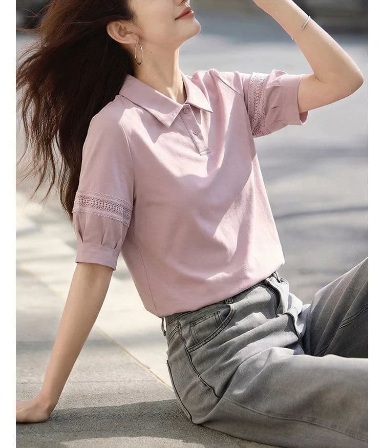 2026 여름 새로운 품격 폴로 칼라 패치워크 레이스 레이스 5 점 소매 슬림해 보이는 여성 티셔츠 상세 이미지 8