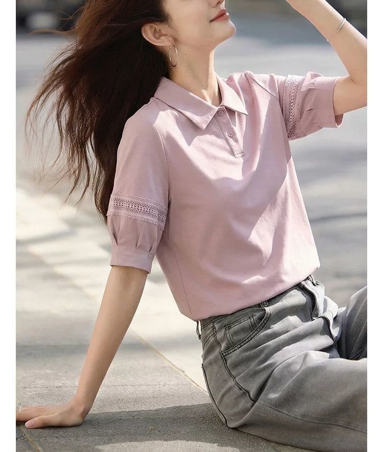 2026 여름 새로운 품격 폴로 칼라 패치워크 레이스 레이스 5 점 소매 슬림해 보이는 여성 티셔츠 상세 이미지 10