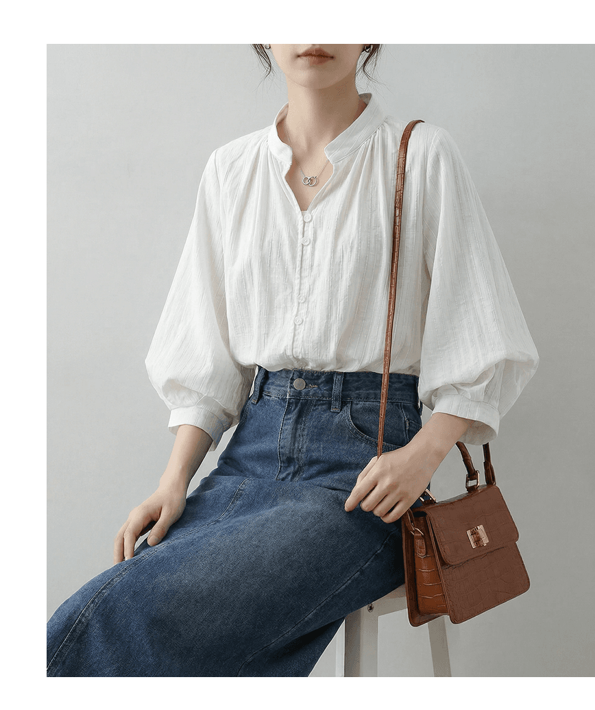 프랑스식 V넥 화이트 반팔 여성 셔츠 여름 디자인 센스 작은 대중 작은 키 벌룬 소매 5 점 소매 맨위 상세 이미지 8