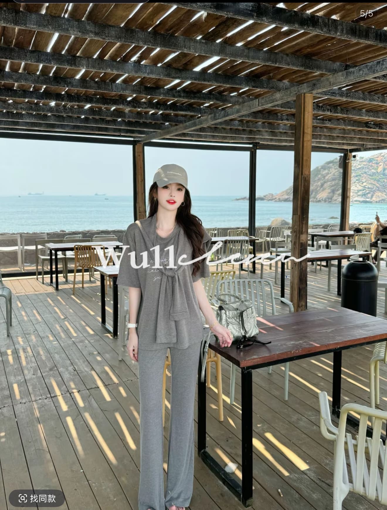 한국 g022 한 부서 다용도 숄 라운드 넥 루즈핏 반팔 티셔츠 하이웨이스트 부츠컷 바지 패션 세 조각 세트 여성