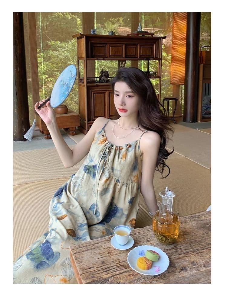슬립 드레스 잉크 페인팅 홀치기 염색 디자인 문예 국풍 롱 스커트 휴가 바람 사진 찍기 치마 상세 이미지 13