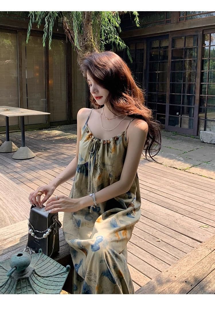 슬립 드레스 잉크 페인팅 홀치기 염색 디자인 문예 국풍 롱 스커트 휴가 바람 사진 찍기 치마 상세 이미지 14