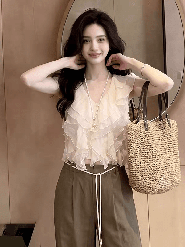 한 부서 달콤함 프릴 V넥 민소매 조끼 셔츠 봄 여름 새로운 디자인 센스 Chic 연령 감소 다용도 맨위 이미지 4
