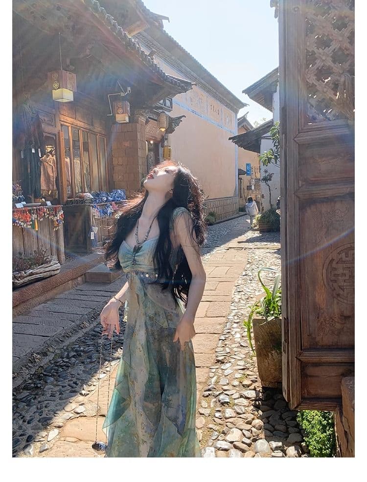 휴가 바람 프린트 작은 날다 소매 슬립 여성 드레스 여름 새로운 허리 수축 요정 길다 치마 이미지 2