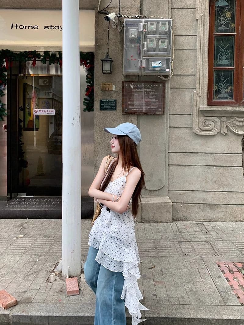 쉬폰 네리 마이크로 지방 mm 휴가 바람 슬립 여성 드레스 프릴 화이트 도트 무늬 치마 이미지 2