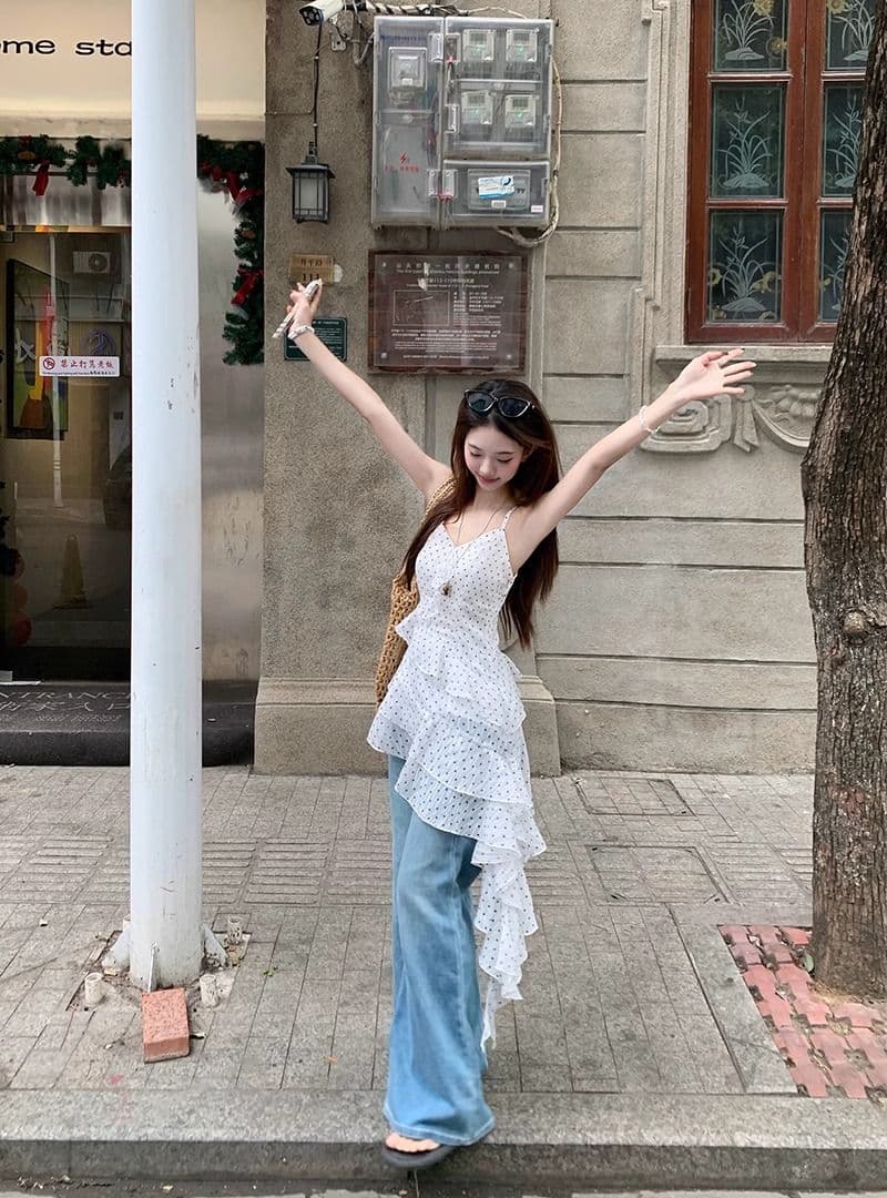 쉬폰 네리 마이크로 지방 mm 휴가 바람 슬립 여성 드레스 프릴 화이트 도트 무늬 치마 상세 이미지 15